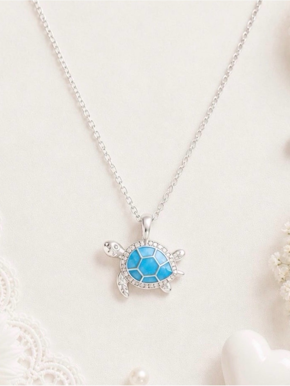 New-Silver Tone Turtle Pendant Necklace with Turquoise Enamel Shell
